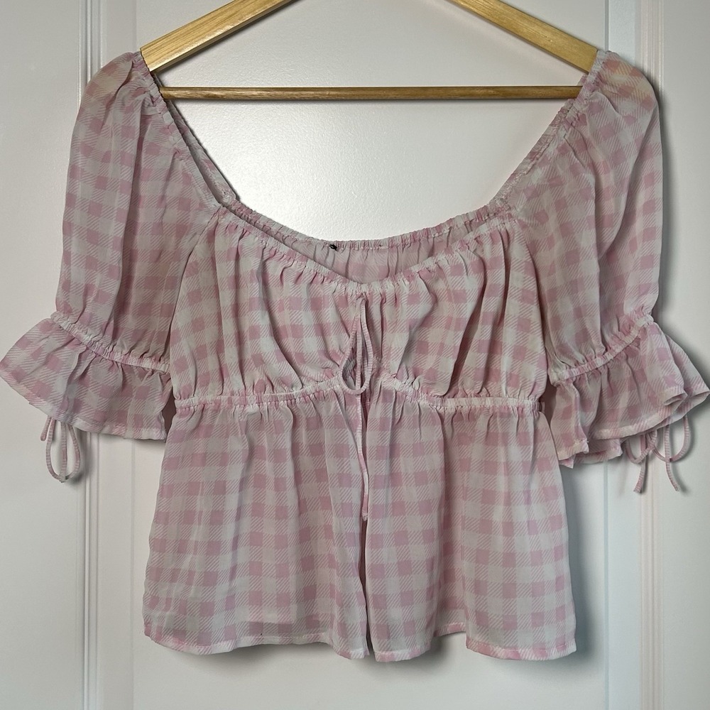 Pink Gingham Ruffle Puff Sleeve Babydoll Crop Top Coquette‎ Cottagecore Style